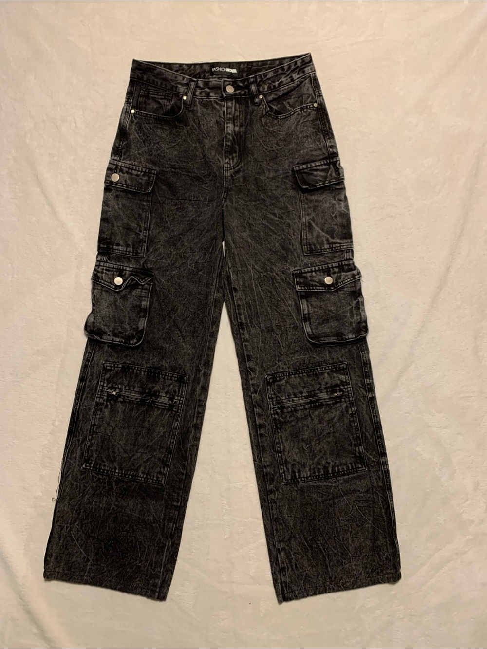 Fashion Nova Black Cargo pants acid wash 30x32 size 7